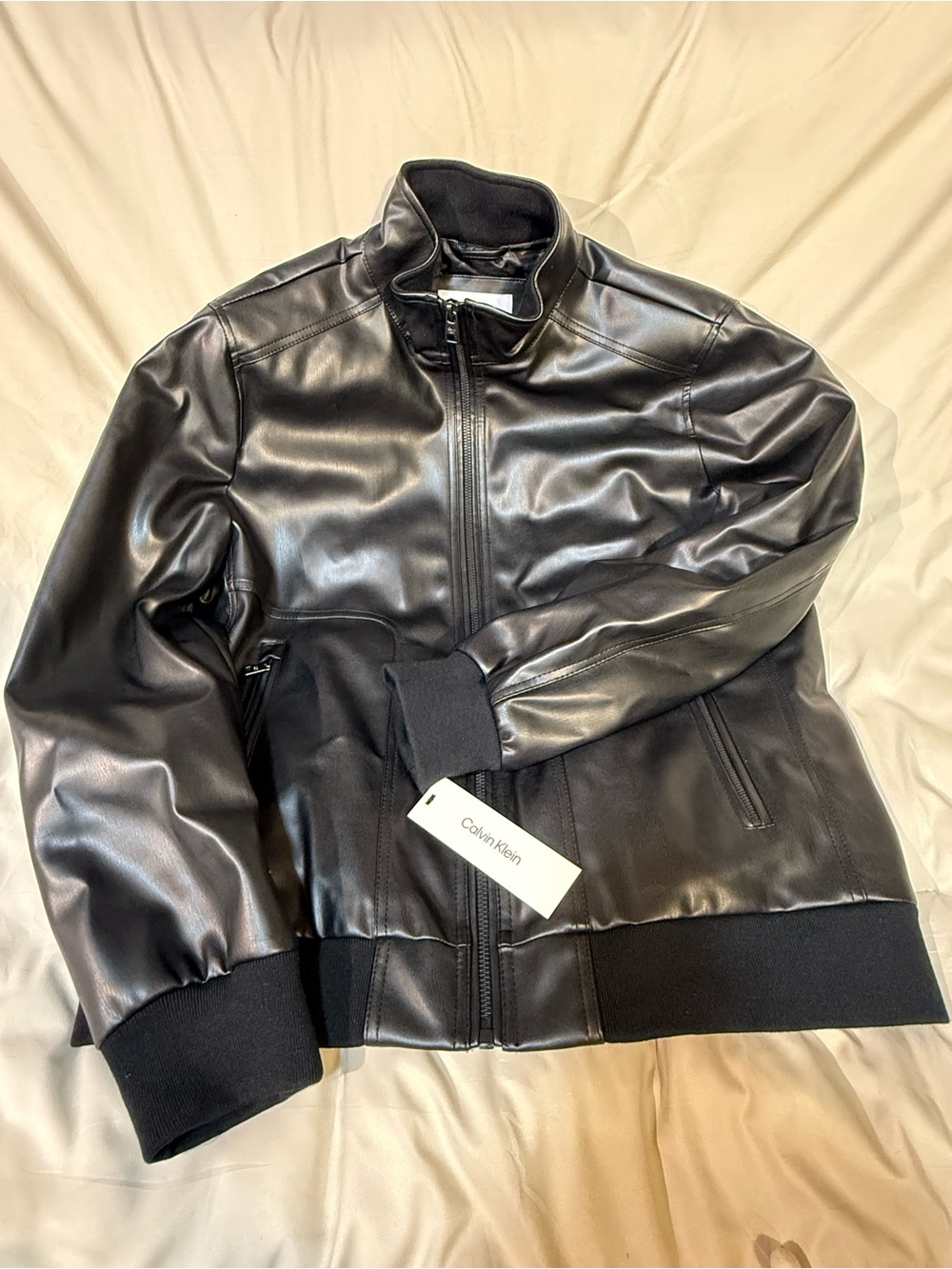 Calvin Klein Black Faux Leather Bomber Jacket